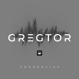 Minimalist album cover featuring a jagged, fractal audio waveform centered on a slate grey background. The title "GREGTOR" overlays the glitch art in bold white sans-serif type. Below, a small icon and the artist name "POHOKOLIUS" anchor the industrial design.