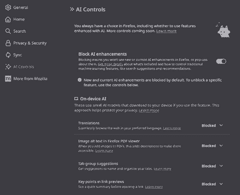 Opcija za blokiranje svih AI poboljšanja u Firefox pregldaču verzije 148.0